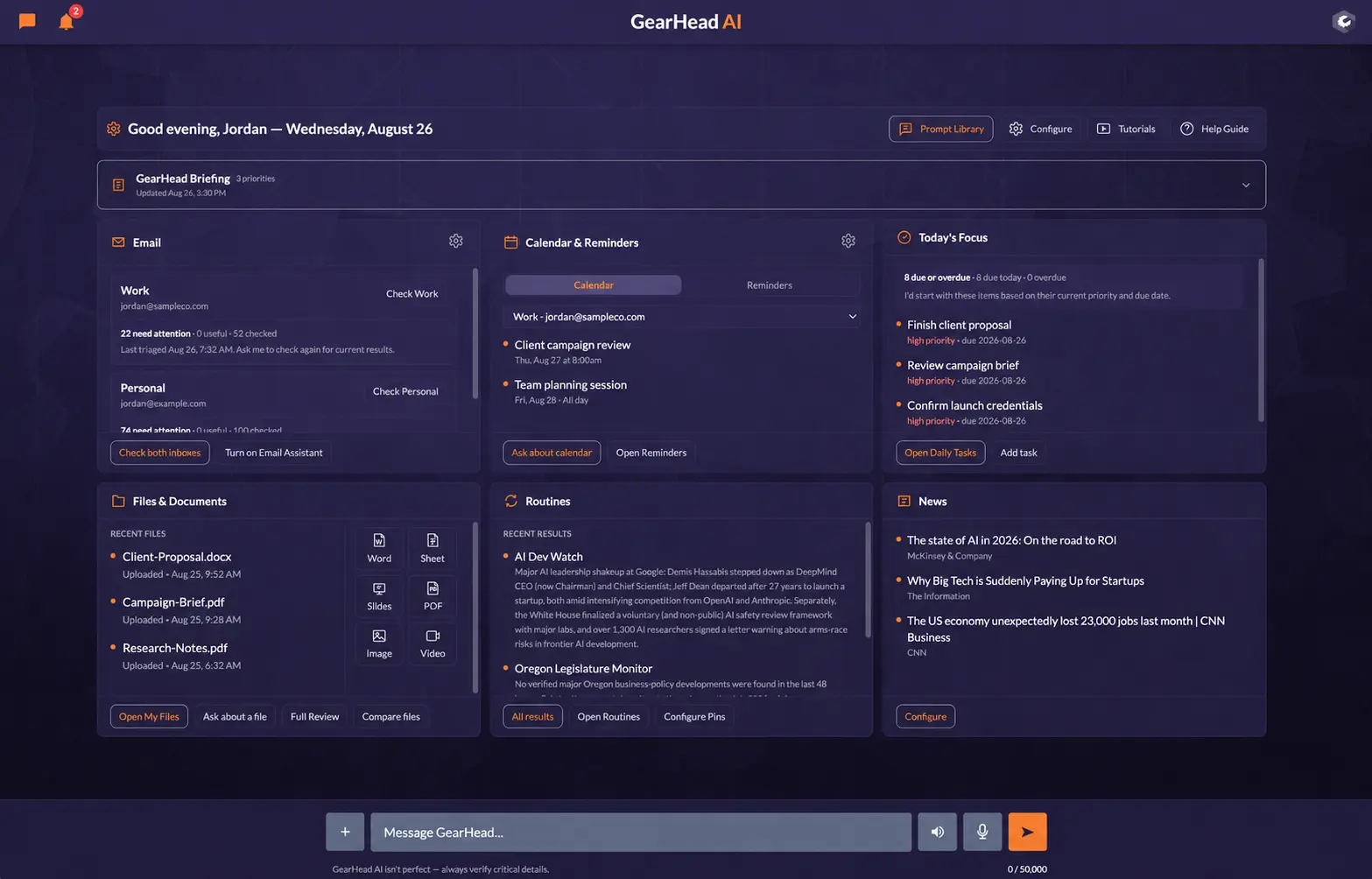 Sanitized GearHead dashboard with email, calendar, priorities, documents and routines in a shared workspace