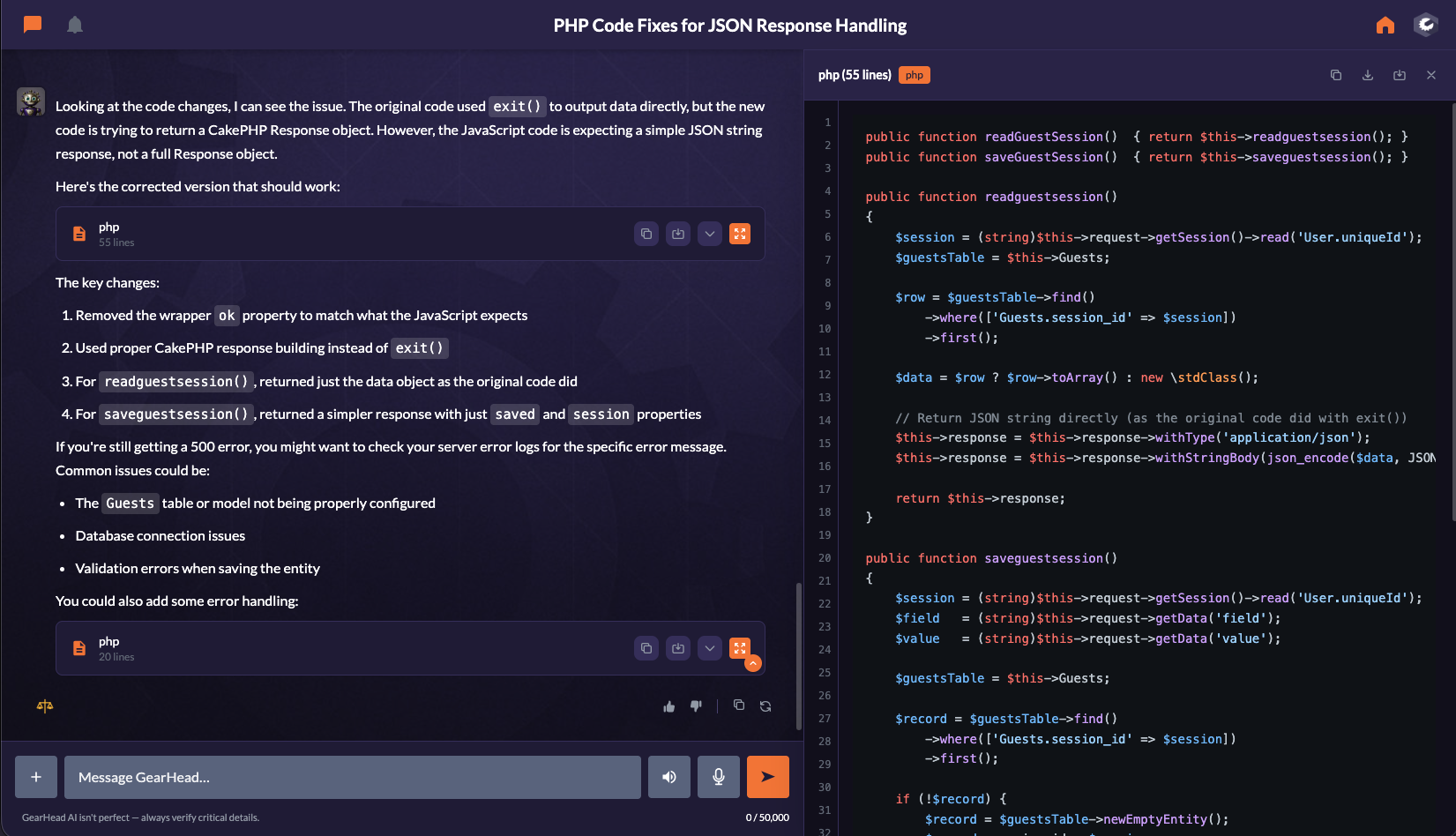 Chat with GearHead while reviewing code in the panel beside your conversation.