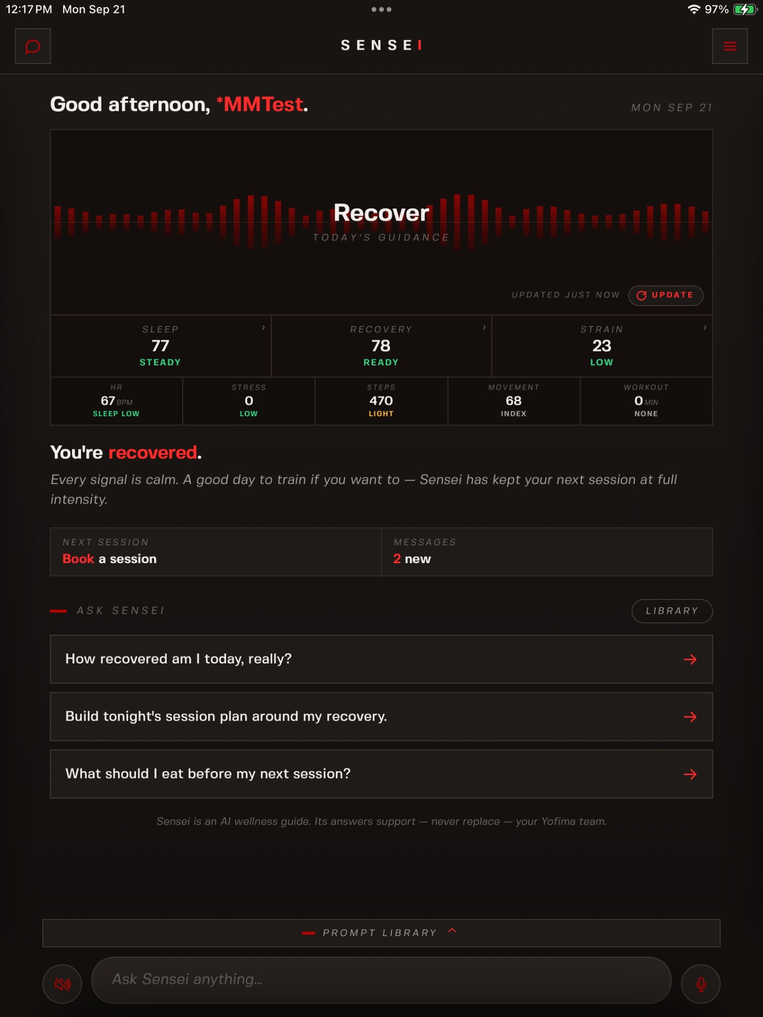 Sensei dashboard with recovery scores, daily guidance and suggested questions