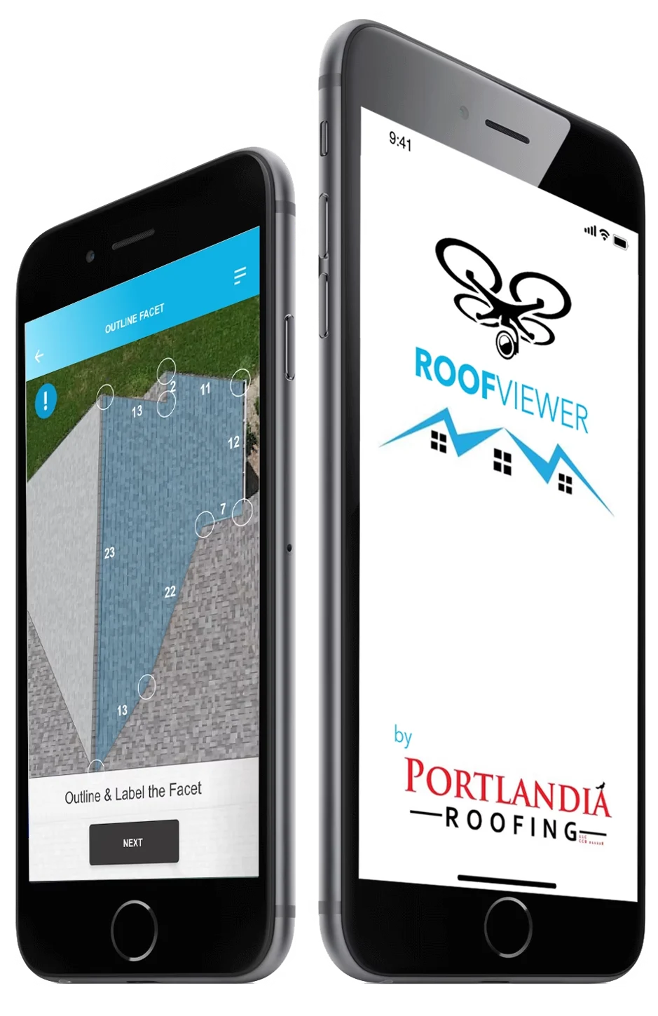 RoofViewer mobile app displayed on two smartphones