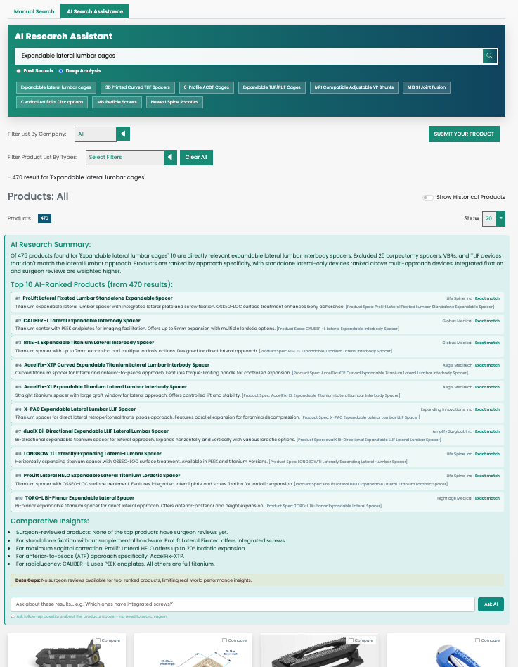 Neurospine Product Review AI Research Assistant showing a natural-language query, ranked products, comparative insights and follow-up input